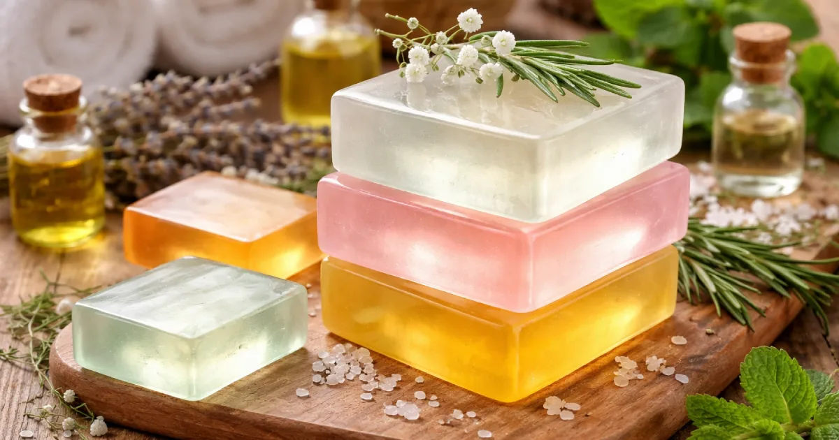 Jabones artesanales de glicerina transparente con aceites esenciales y hierbas naturales