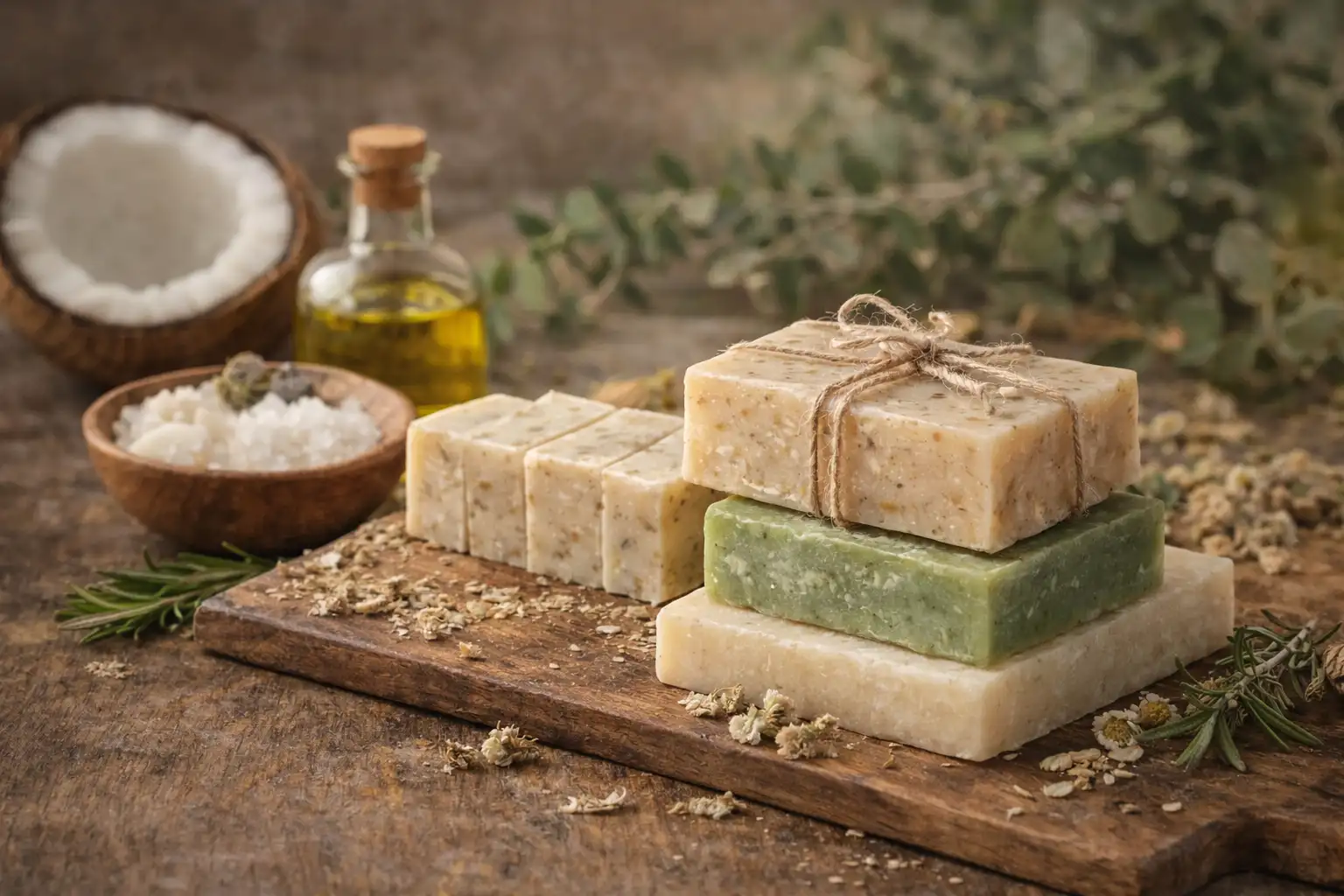 Jabones artesanales naturales sobre mesa de madera junto a ingredientes naturales