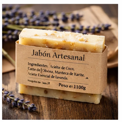 ejemplo de etiqueta de jabón artesanal con ingredientes y datos del fabricante