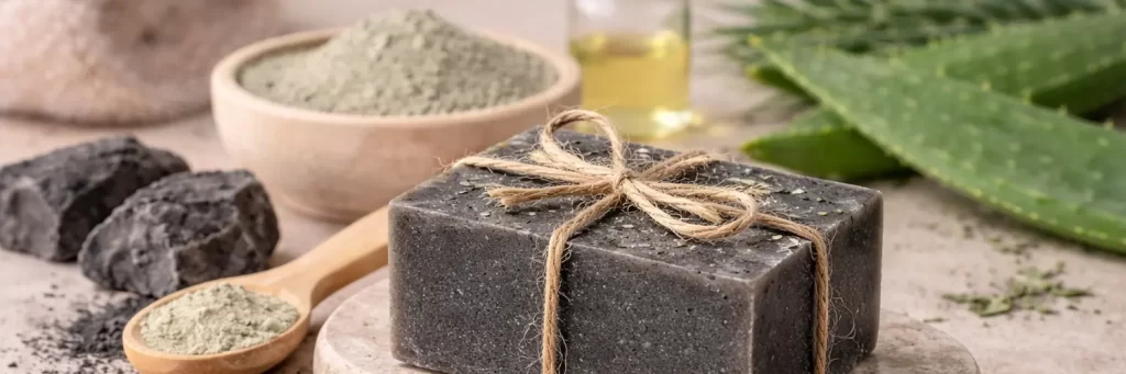 Iamgen de jabon artesanal para piel grasa y algunos ingedientes con los que se fabrica