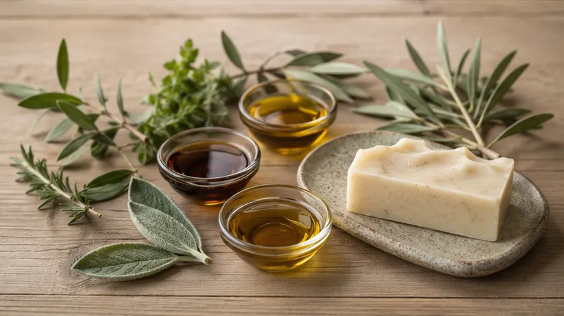 Ingredientes botánicos y aceites utilizados en jabones artesanales