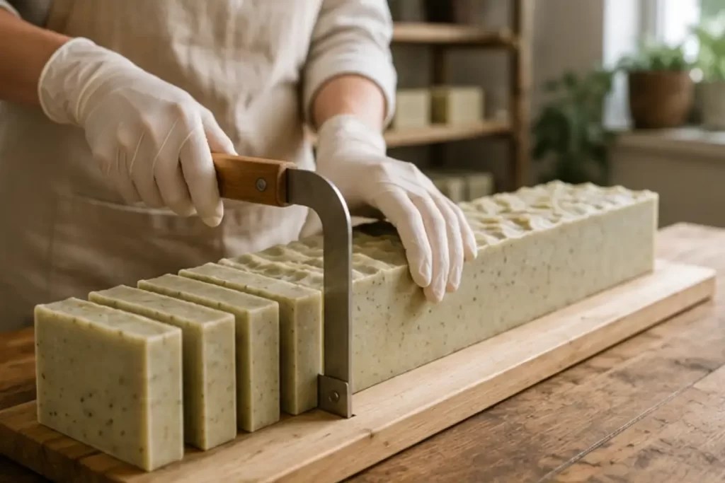 Artesana corta una barra de jabón artesanal natural en su mesa de trabajo