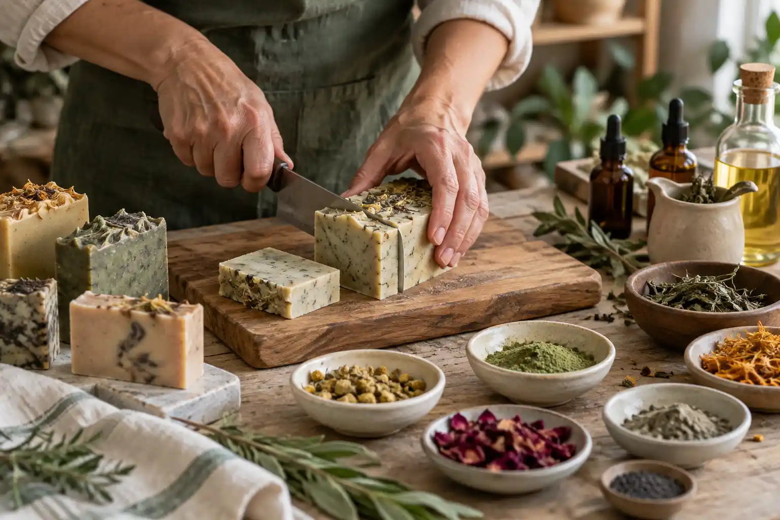 Manos de una artesana cortando jabones de autor junto a aceites, plantas y polvos naturales