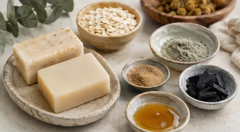 Jabones junto a avena, arcilla, carbón y otros ingredientes cosméticos