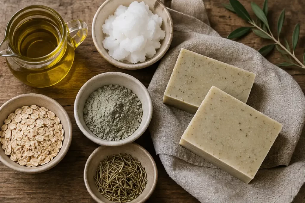 Aceites vegetales, arcilla, avena y romero junto a barras de jabón artesanal