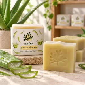 Jabón de aloe vera Ecoleo junto a barras artesanales y hojas frescas de aloe en un taller luminoso