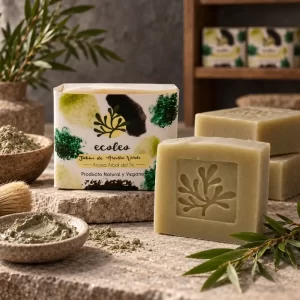 Jabón de arcilla verde con aroma a árbol del té Ecoleo junto a barras artesanales sobre una mesa de taller
