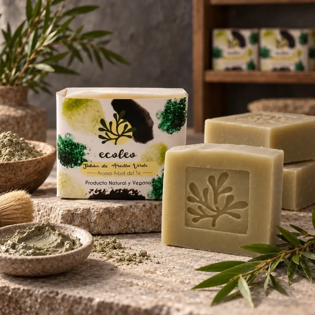 Jabón de arcilla verde con aroma a árbol del té Ecoleo junto a barras artesanales sobre una mesa de taller