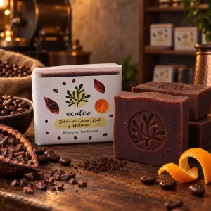 Jabón de café, cacao y naranja Ecoleo junto a barras artesanales, granos de café y naranjas en un taller cálido