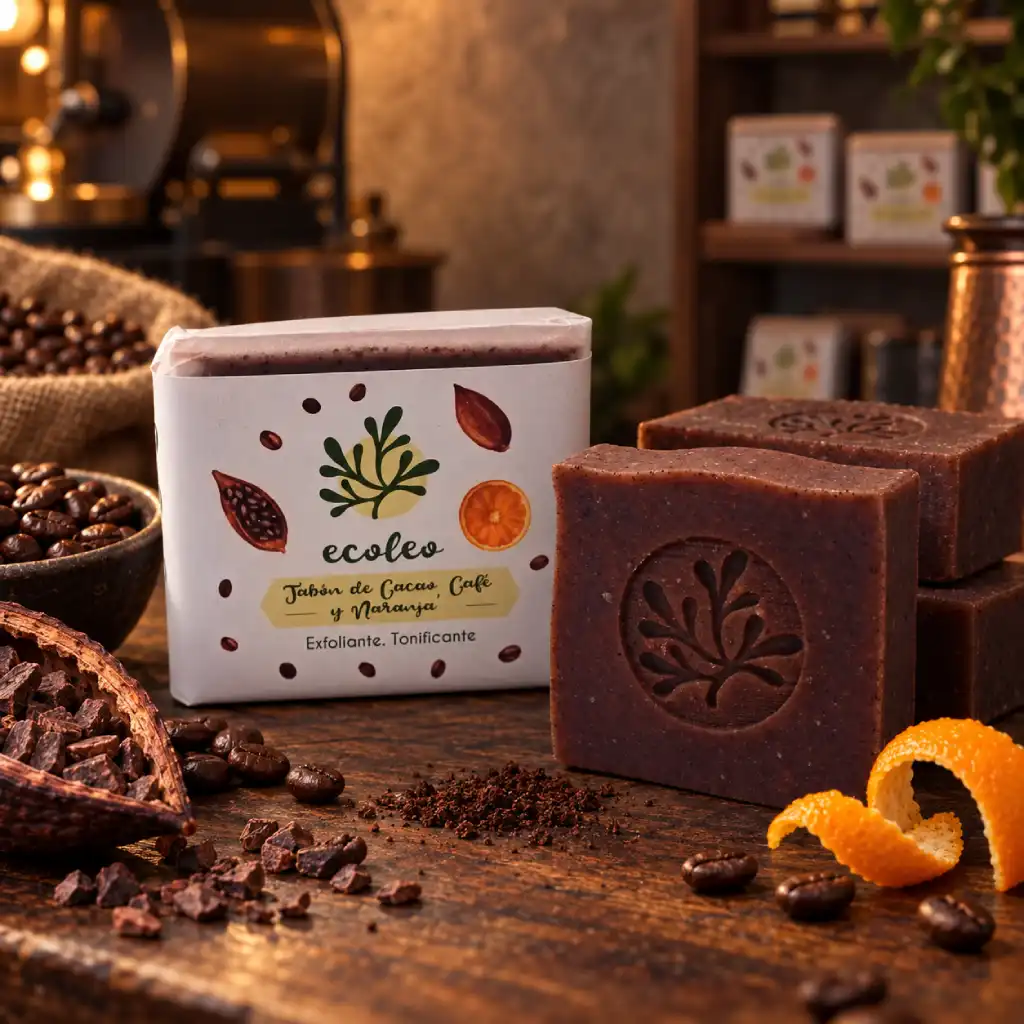 Jabón de café, cacao y naranja Ecoleo junto a barras artesanales, granos de café y naranjas en un taller cálido