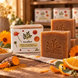 Jabón de caléndula, cúrcuma y naranja Ecoleo junto a barras artesanales, flores y rodajas de naranja