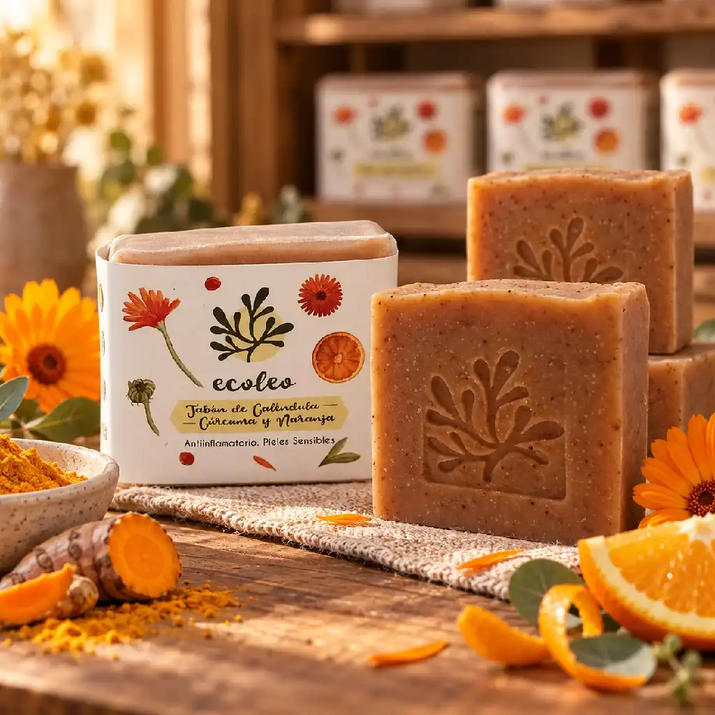Jabón de caléndula, cúrcuma y naranja Ecoleo junto a barras artesanales, flores y rodajas de naranja
