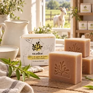 Jabón de leche de cabra con aroma lemon verbena Ecoleo junto a barras artesanales en un taller rural