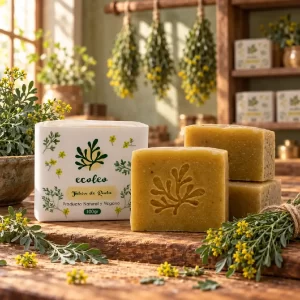 Jabón de ruda Ecoleo junto a barras artesanales y ramas frescas de ruda en un taller de elaboración