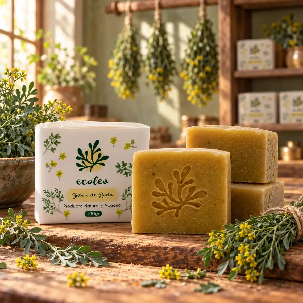 Jabón de ruda Ecoleo junto a barras artesanales y ramas frescas de ruda en un taller de elaboración