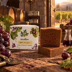 Jabón de vino Ecoleo junto a barras artesanales y uvas en una bodega de la zona central de Chile