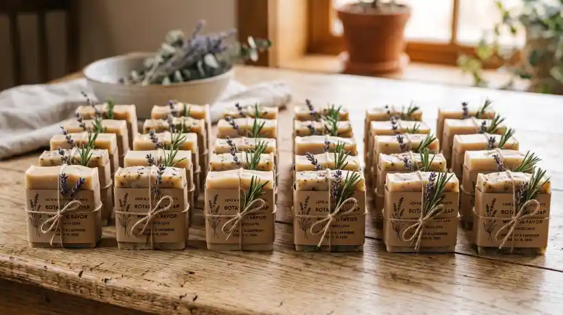 Jabones artesanales para recuerdos de matrimonio y eventos decorados con faja kraft, cordel de yute y ramitas botánicas