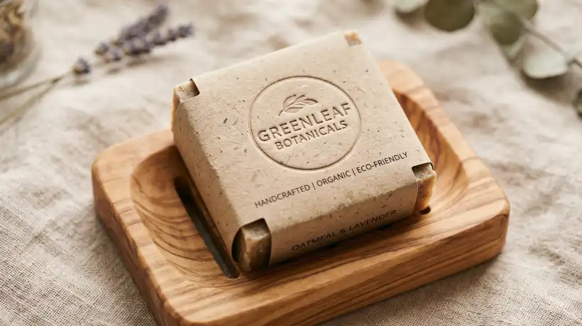 Detalle de empaques biodegradables y jabones corporativos personalizados con fajas de papel kraft