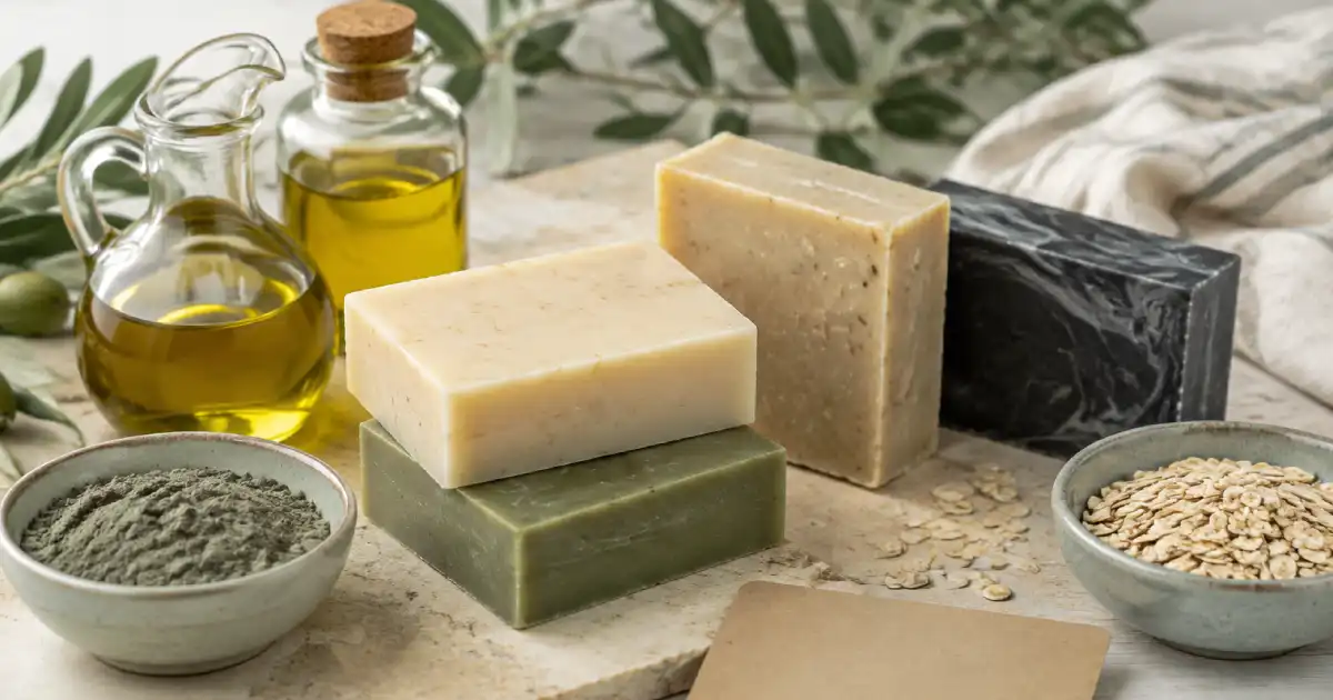 Aceites, avena, arcilla y carbón activado junto a distintos jabones naturales