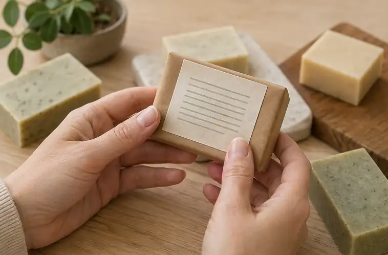 Persona revisando la etiqueta de ingredientes de un jabón natural