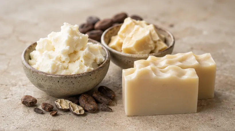 Ingredientes naturales para jabones artesanales presentados sobre una mesa