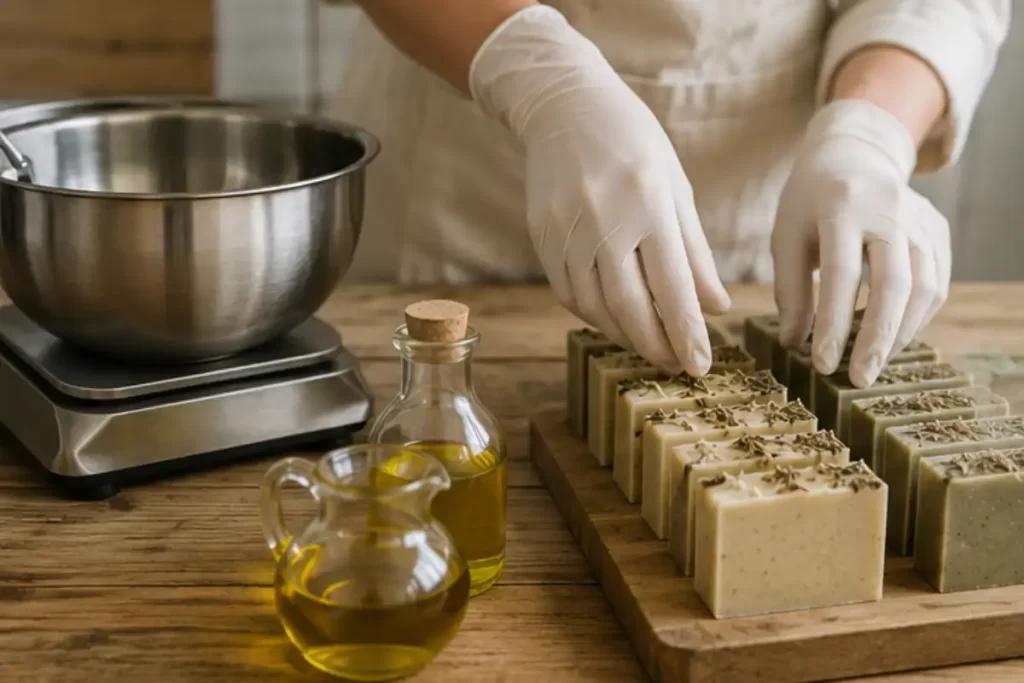 Artesana organiza barras de jabón junto a aceites y una balanza de elaboración