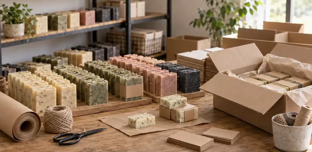 Preparación de pedidos de jabones artesanales por mayor en cajas de cartón