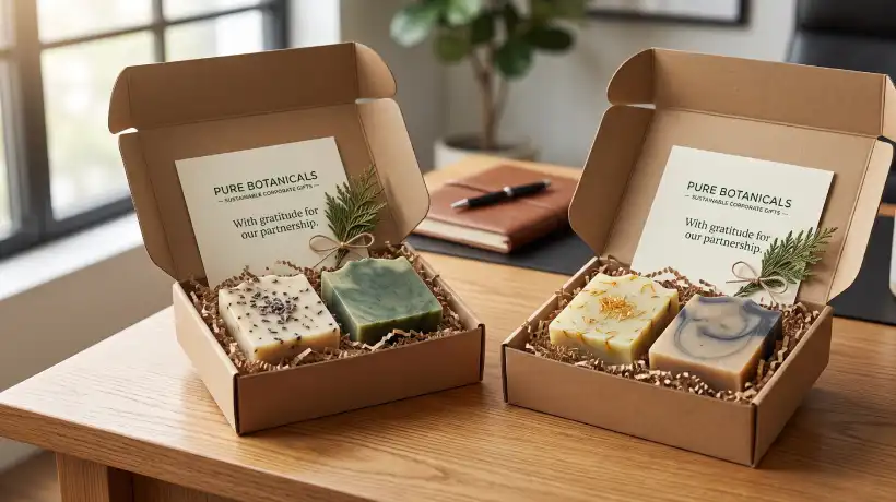 Sets de regalos corporativos sustentables con jabones botánicos artesanales para empresas en Chile