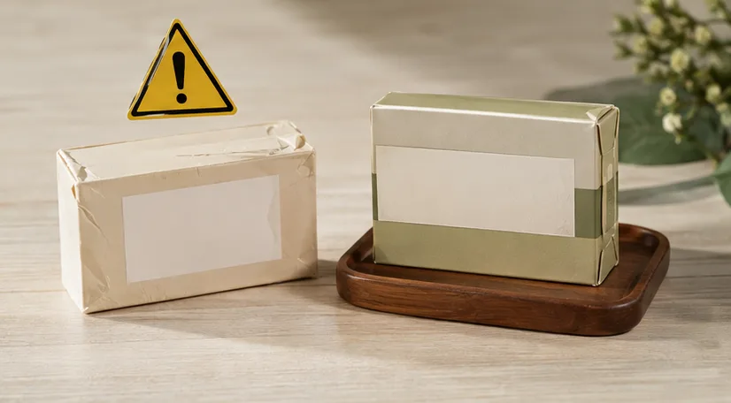 Comparación de envases de jabón con una señal de advertencia